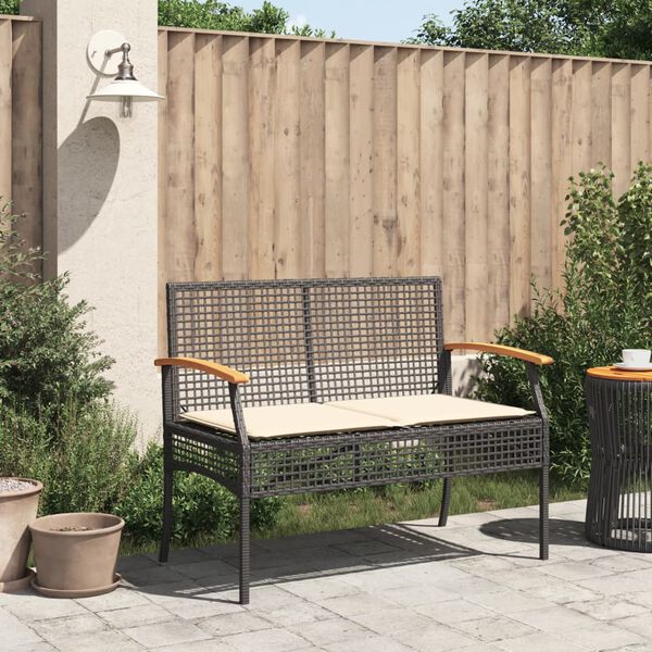 vidaXL Panca da Giardino con Cuscino Nera in Polyrattan e Legno Acacia