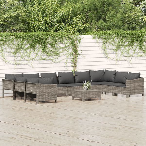 vidaXL Set Divani da Giardino 11 pz con Cuscini in Polyrattan Grigio