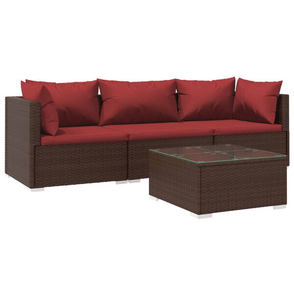 vidaXL Set Divani da Giardino 4 pz con Cuscini in Polyrattan Marrone