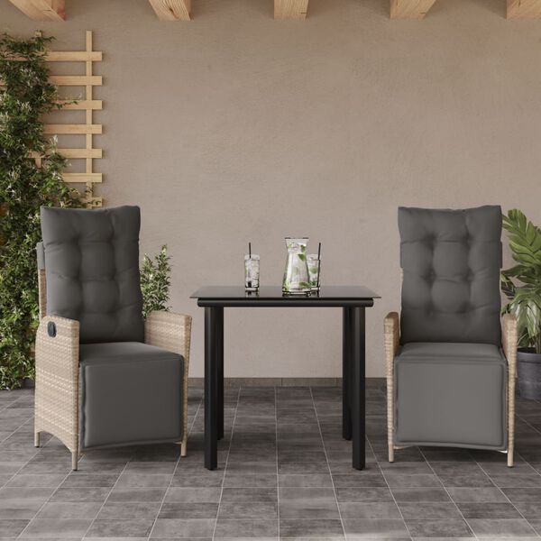 vidaXL Set Pranzo da Giardino 3pz con Cuscini Grigio Chiaro Polyrattan