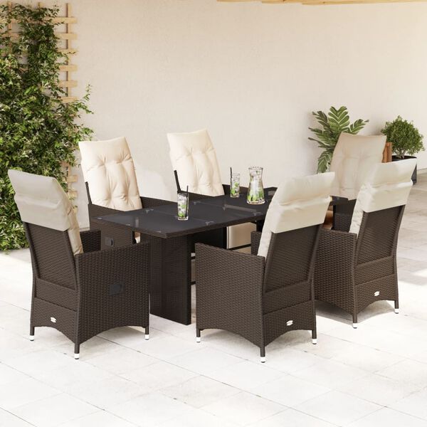 vidaXL Set Bistr&ograve; da Giardino 7 pz con Cuscini in Polyrattan Marrone