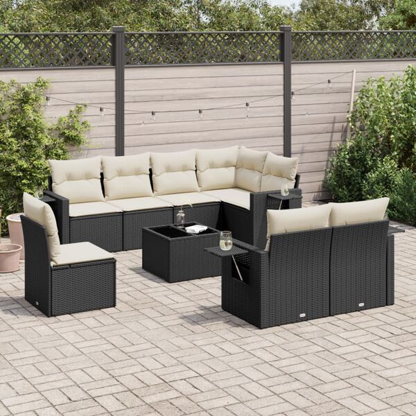 vidaXL Set Divani da Giardino 9 pz con Cuscini Nero in Polyrattan
