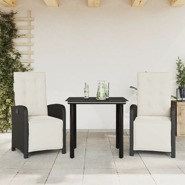 vidaXL Set da Bistr&ograve; 3 pz con Cuscini Nero in Polyrattan