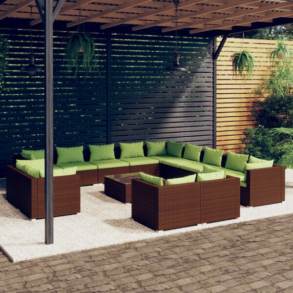 vidaXL Set Divani da Giardino 14 pz con Cuscini in Polyrattan Marrone