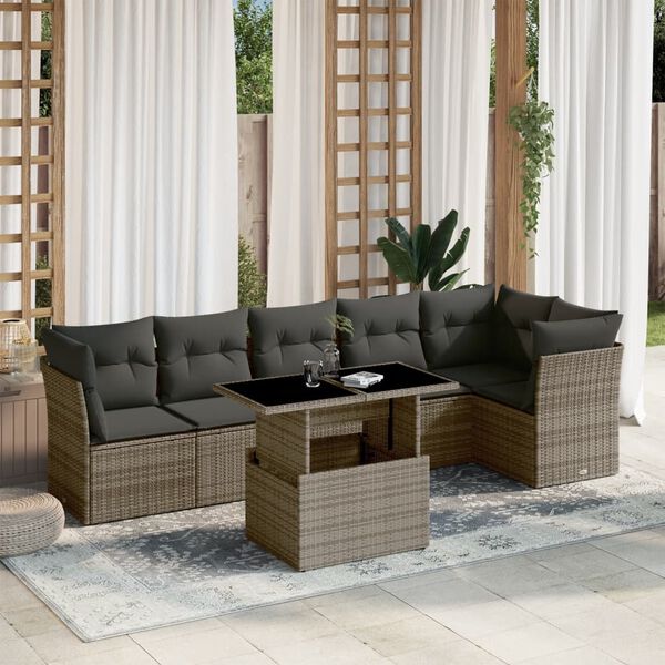 vidaXL Set Divani da Giardino 7 pz con Cuscini Grigio in Polyrattan