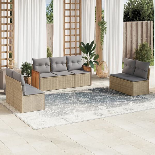 vidaXL Set Divani da Giardino 7 pz con Cuscini Beige in Polyrattan