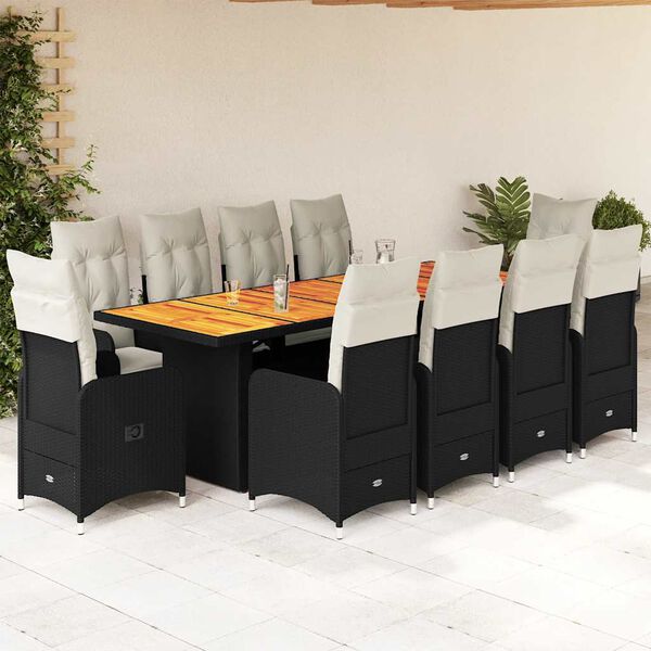 vidaXL Set da Bistr&ograve; da Giardino 11 pz con Cuscini Nero in Polyrattan