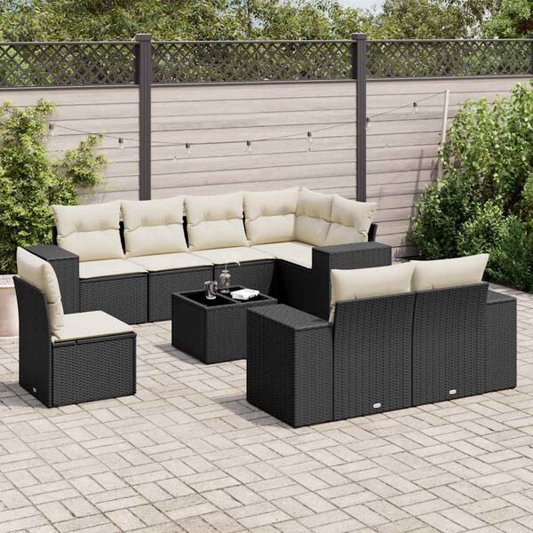 vidaXL Set Divani da Giardino 9 pz con Cuscini Nero in Polyrattan