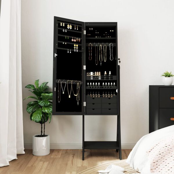 vidaXL Armadietto Portagioie a Specchio con Luci LED Autoportante Nero