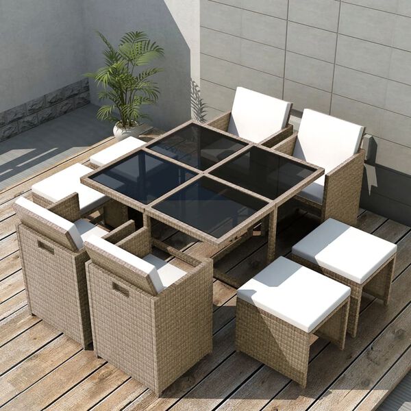 vidaXL Set da Pranzo da Giardino 9 pz con Cuscini in Polyrattan Beige