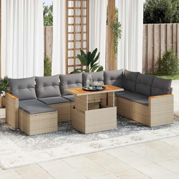 vidaXL Set Divano da Giardino 9 pz con Cuscini Beige Polyrattan Acacia