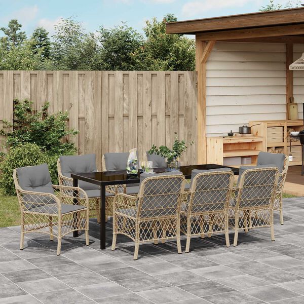 vidaXL Set da Pranzo per Giardino con cuscino 9 pcs Beige polyrattan