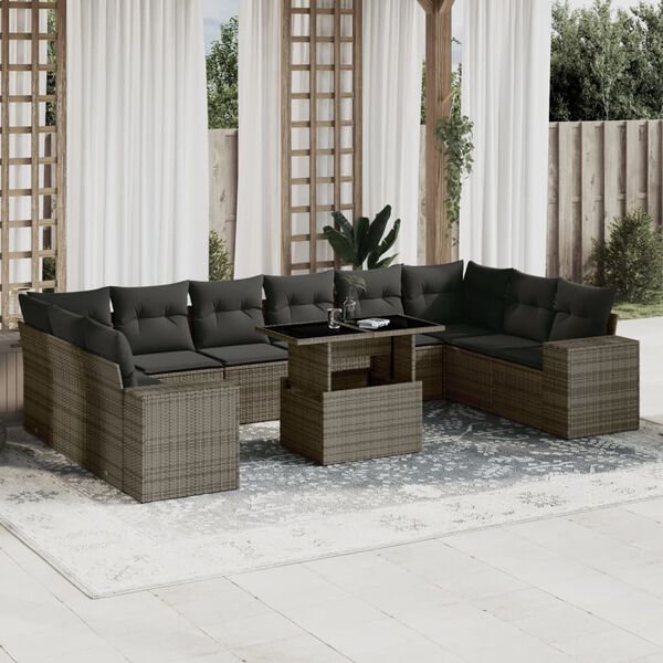 vidaXL Set Divani da Giardino 11 pz con Cuscini in Polyrattan Grigio