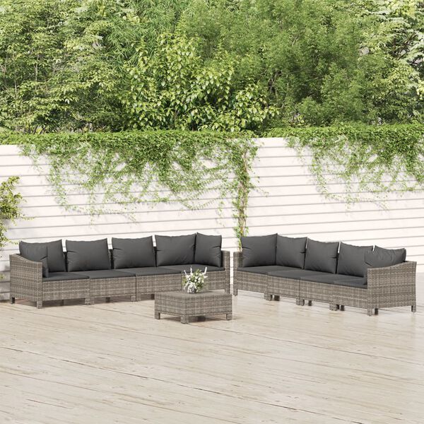 vidaXL Set Divani da Giardino 9 pz con Cuscini in Polyrattan Grigio