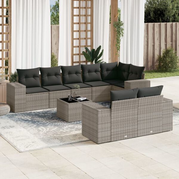 vidaXL Set Divano da Giardino 9 pz con Cuscini Grigio in Polyrattan