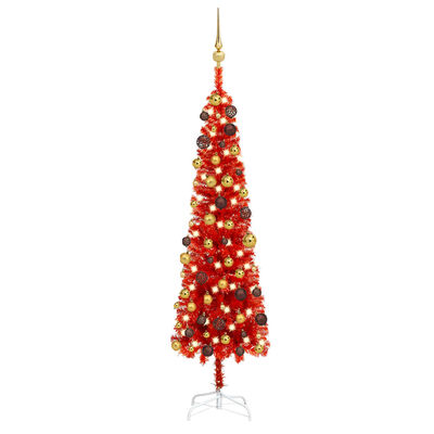 vidaXL Albero di Natale Sottile Preilluminato con Palline Rosso 150 cm