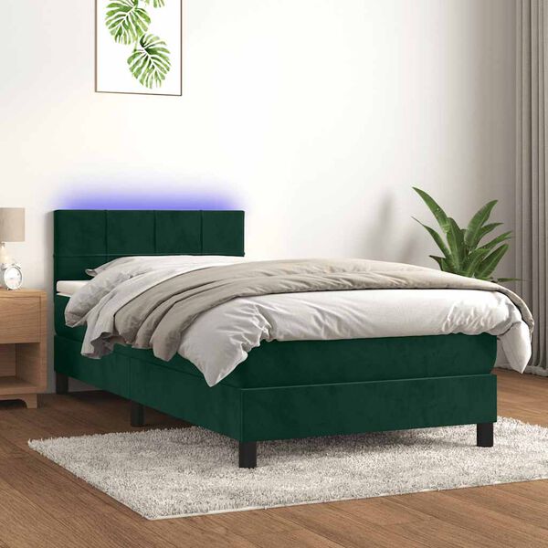 vidaXL Letto a Molle con Materasso e LED Verde Scuro 90x190 cm Velluto