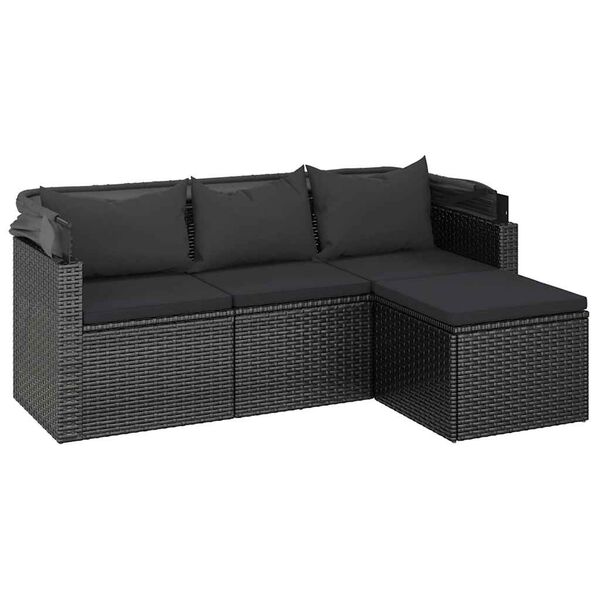 vidaXL Divano Giardino 3 Posti con Tetto e Poggiapiedi Nero Polyrattan