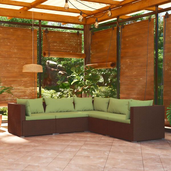 vidaXL Set Divani da Giardino 5 pz con Cuscini in Polyrattan Marrone