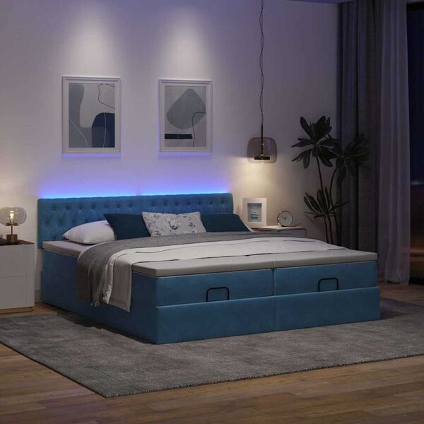vidaXL Pouf Letto con Materassi e LED Blu Scuro 200x200cm Velluto