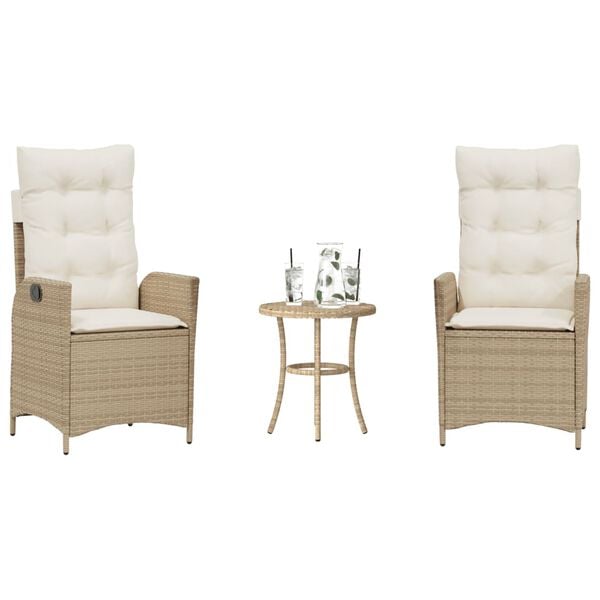 vidaXL Set da Bistr&ograve; 3 pz con Cuscini Beige in Polyrattan