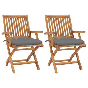 vidaXL Sedie pieghevoli, 2 pezzi, con cuscini grigi, in legno massello di teak.