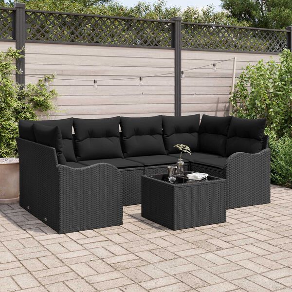 vidaXL Set Divano da Giardino 7 pcs Nero Polyrattan, Acciaio e Vetro