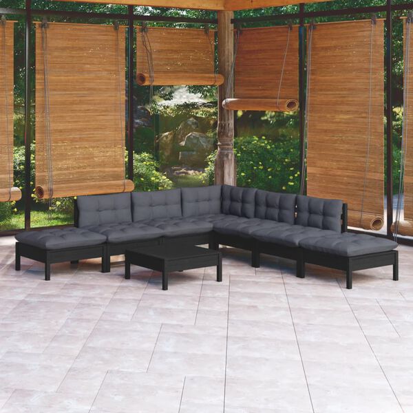 vidaXL Set Divani da Giardino 8 pz con Cuscini Neri in Legno di Pino