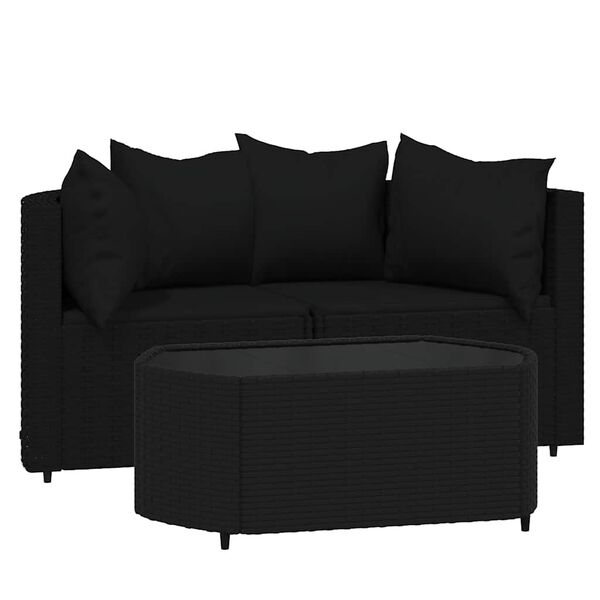 vidaXL Set Divani da Giardino 3 pz con Cuscini Nero in Polyrattan