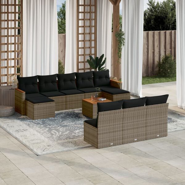 vidaXL Set Divani da Giardino 11 pz con Cuscini in Polyrattan Grigio