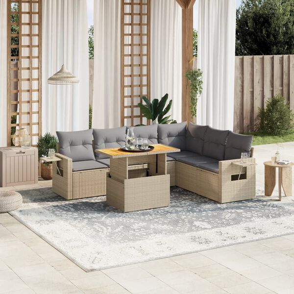 vidaXL Set Divani da Giardino 7 pz con Cuscini Beige in Polyrattan