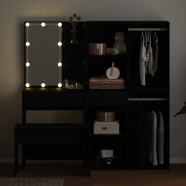 vidaXL Set da tavolo da trucco con LED con cassetto 4 pcs Rovere Nero