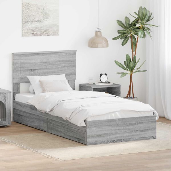 vidaXL Letto con Contenitore con testiera Grigio Sonoma 75 x 190 cm