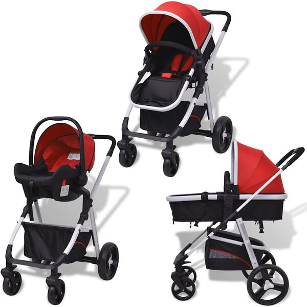 vidaXL Passeggino 3 in 1 in Alluminio Rosso e Nero