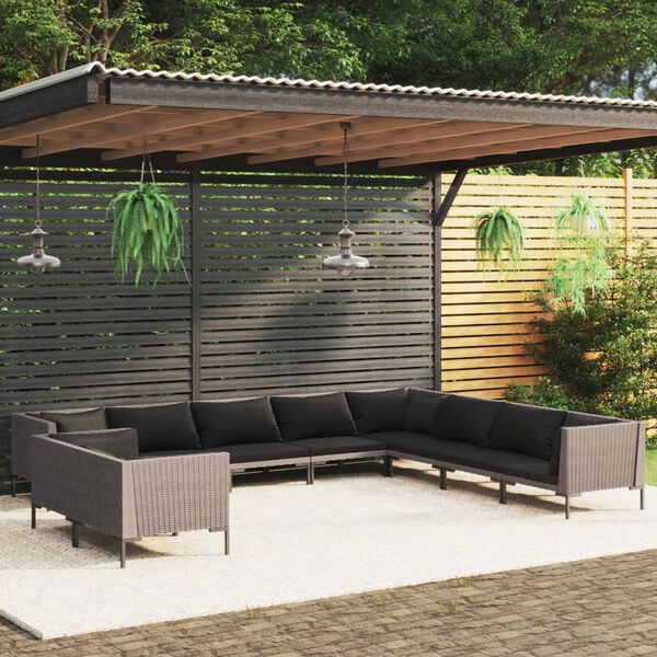 vidaXL Divani da Giardino 10 pz con Cuscini in Polyrattan Grigio Scuro
