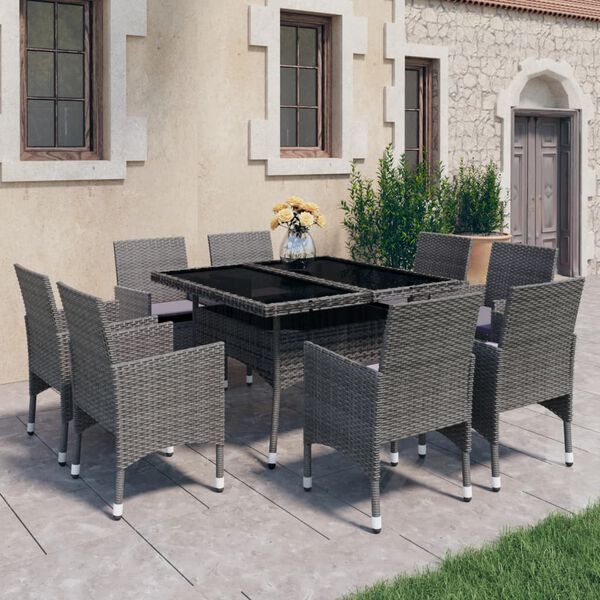 vidaXL Set Mobili da Pranzo per Giardino 9pz Polyrattan e Vetro Grigio