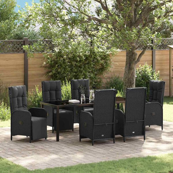 vidaXL Set da Pranzo per Giardino con cuscino 7 pcs Nero polyrattan