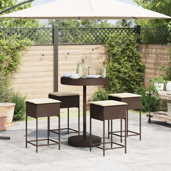 vidaXL Set Bar da Giardino 5 pz con Cuscini in Polyrattan Marrone