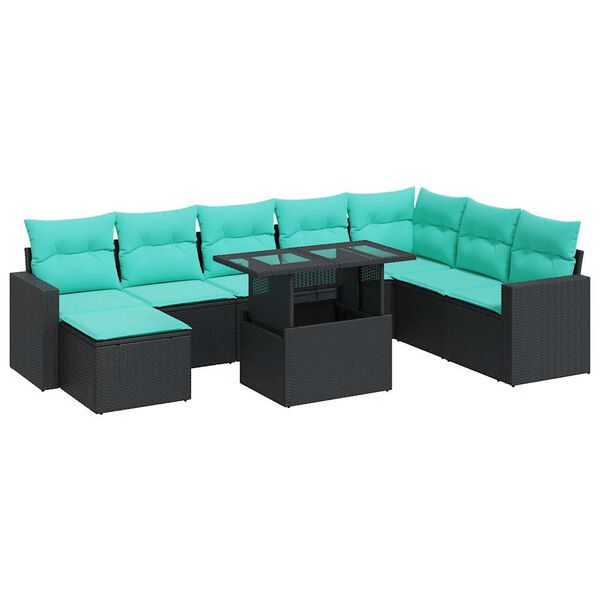 vidaXL Set Divani da Giardino 9 pz con Cuscini Nero Polyrattan Acacia