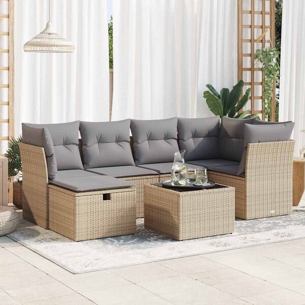 vidaXL Set Divani da Giardino 7 pz con Cuscini Beige in Polyrattan