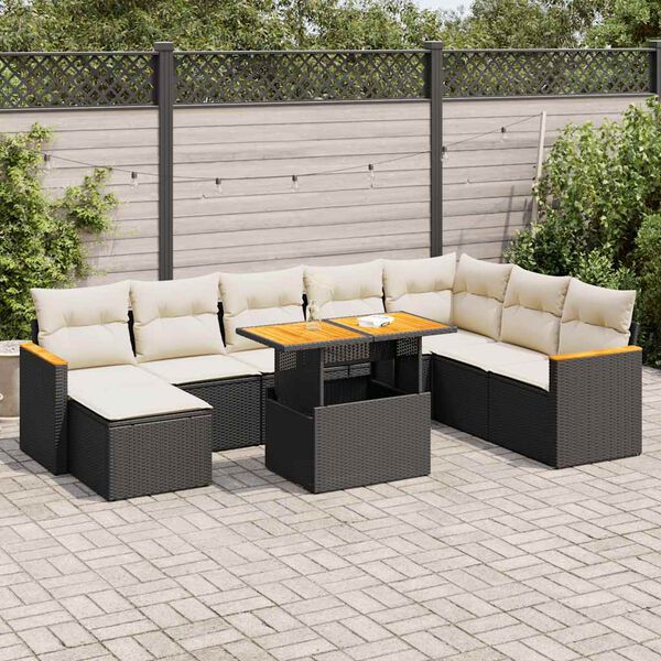 vidaXL Set Divani da Giardino 9 pz con Cuscini Nero Polyrattan Acacia