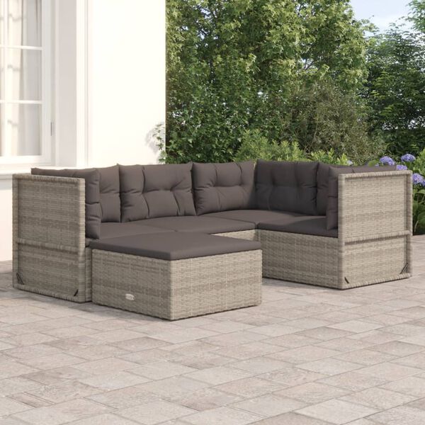 vidaXL Set Divani da Giardino 5 pz con Cuscini in Polyrattan Grigio