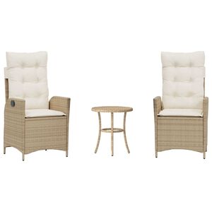 vidaXL Set da Bistr&ograve; 3 pz con Cuscini Beige in Polyrattan