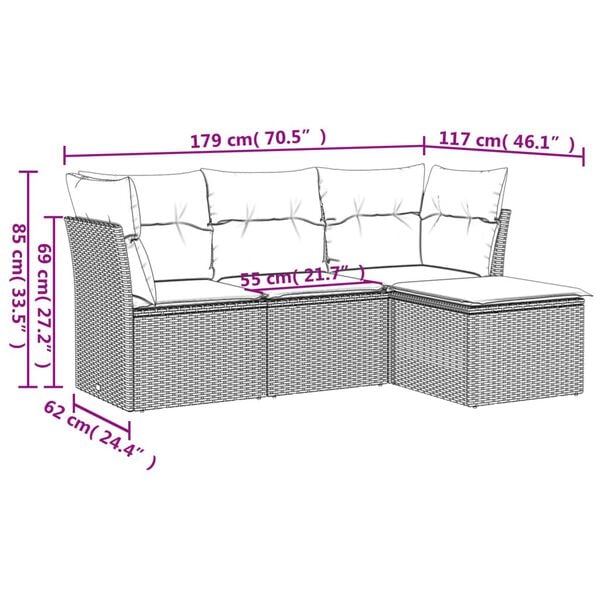 vidaXL Set Divano da Giardino 4pz con Cuscini Grigio Chiaro Polyrattan