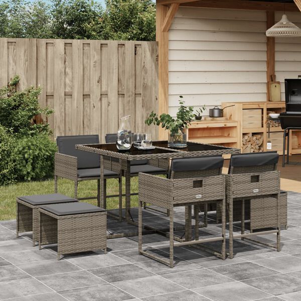 vidaXL Set da Pranzo da Giardino 9 pz con Cuscini in Polyrattan Grigio