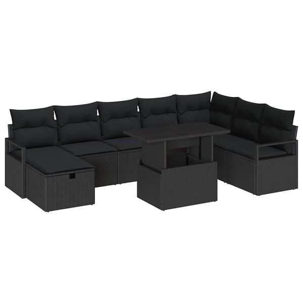 vidaXL Set Divano da Giardino con cuscino 9 pcs Nero Poly Rattan