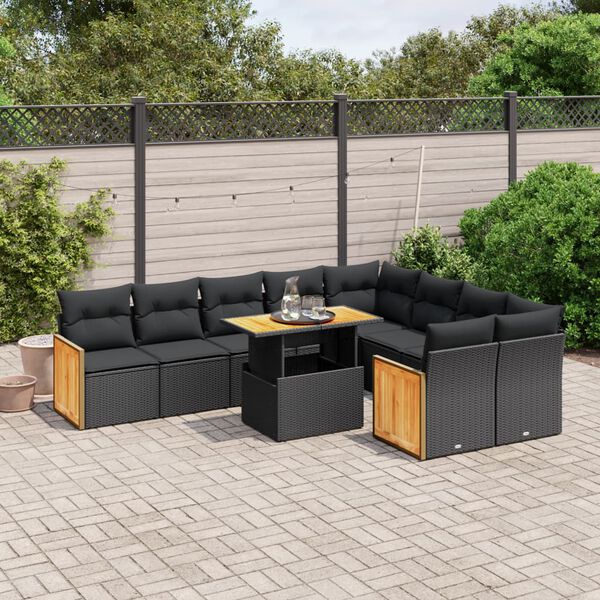 vidaXL Set Divani da Giardino 10pz con Cuscini in Polyrattan Nero