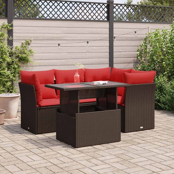 vidaXL Set Divano da Giardino 5 pz Cuscini Marrone Polyrattan e Acacia