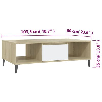 vidaXL Tavolino Salotto Bianco Rovere Sonoma 103,5x60x35cm Multistrato