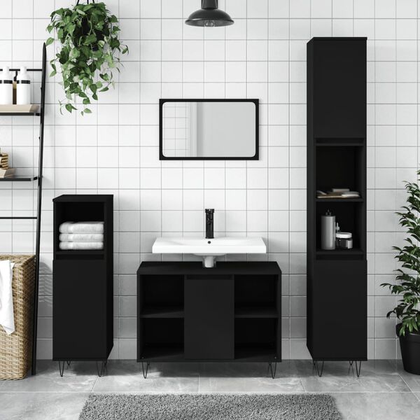 vidaXL Set Mobili da Bagno 3 pz Nero in Legno Multistrato